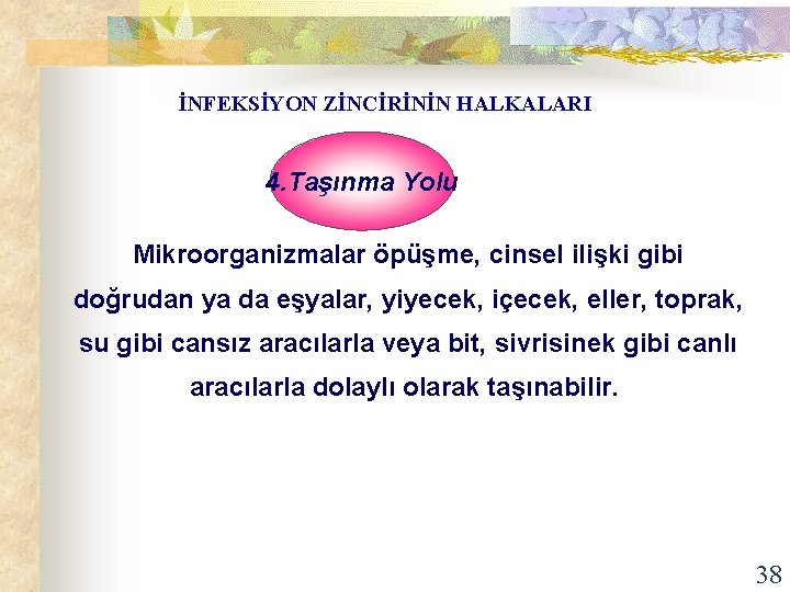 İNFEKSİYON ZİNCİRİNİN HALKALARI 4. Taşınma Yolu Mikroorganizmalar öpüşme, cinsel ilişki gibi doğrudan ya da