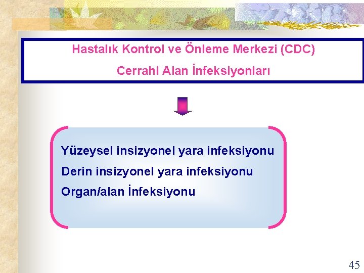 Hastalık Kontrol ve Önleme Merkezi (CDC) Cerrahi Alan İnfeksiyonları Yüzeysel insizyonel yara infeksiyonu Derin