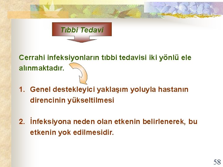 Tıbbi Tedavi Cerrahi infeksiyonların tıbbi tedavisi iki yönlü ele alınmaktadır. 1. Genel destekleyici yaklaşım