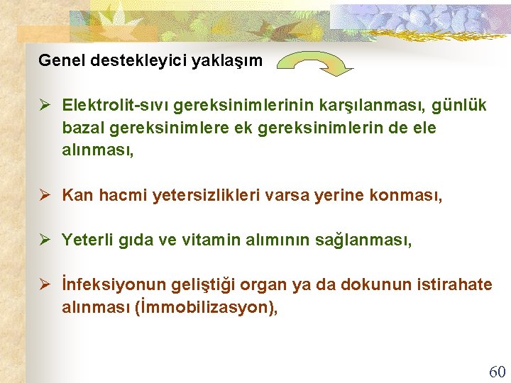 Genel destekleyici yaklaşım Ø Elektrolit-sıvı gereksinimlerinin karşılanması, günlük bazal gereksinimlere ek gereksinimlerin de ele