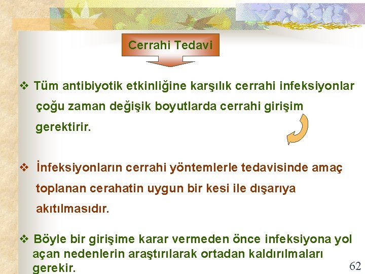 Cerrahi Tedavi v Tüm antibiyotik etkinliğine karşılık cerrahi infeksiyonlar çoğu zaman değişik boyutlarda cerrahi