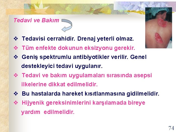 Tedavi ve Bakım v Tedavisi cerrahidir. Drenaj yeterli olmaz. v Tüm enfekte dokunun eksizyonu