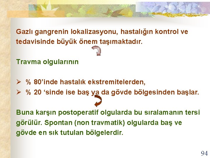 Gazlı gangrenin lokalizasyonu, hastalığın kontrol ve tedavisinde büyük önem taşımaktadır. Travma olgularının Ø %