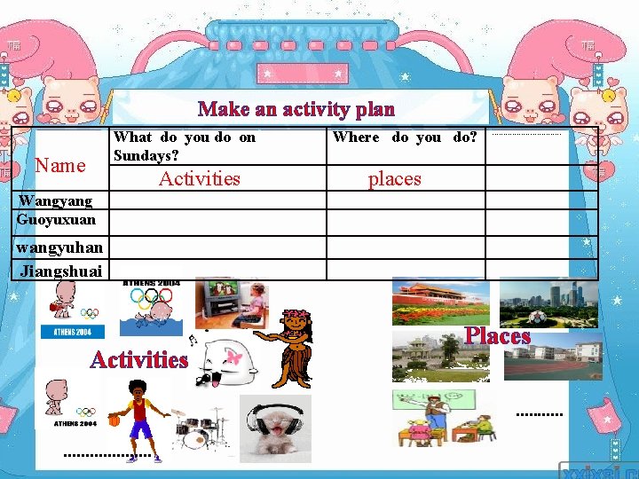 Make an activity plan What do you do on Sundays? Name Activities Where do