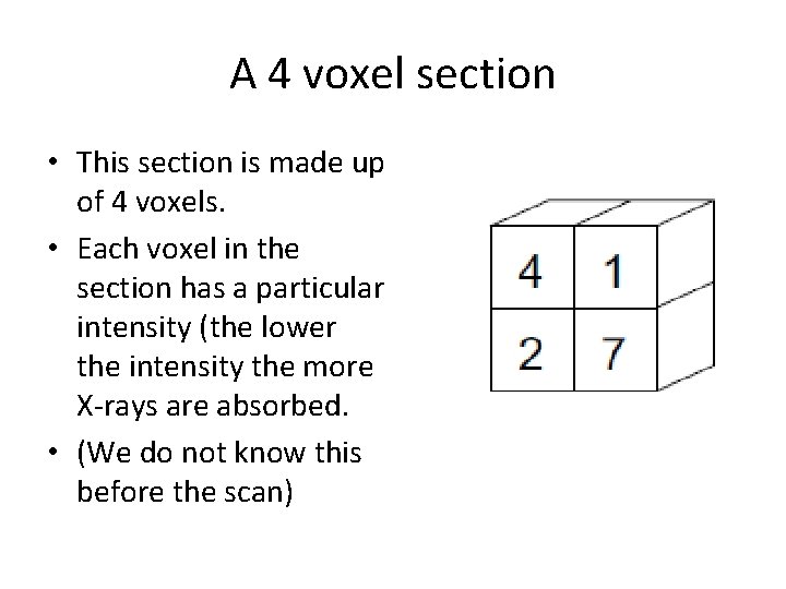 A 4 voxel section • This section is made up of 4 voxels. •