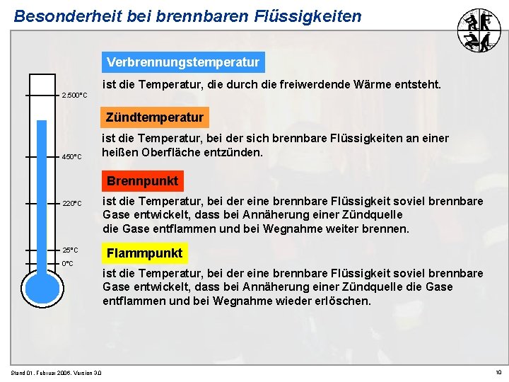 Besonderheit bei brennbaren Flüssigkeiten Verbrennungstemperatur ist die Temperatur, die durch die freiwerdende Wärme entsteht.