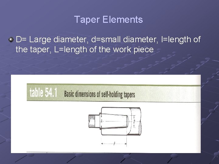 Taper Elements D= Large diameter, d=small diameter, l=length of the taper, L=length of the