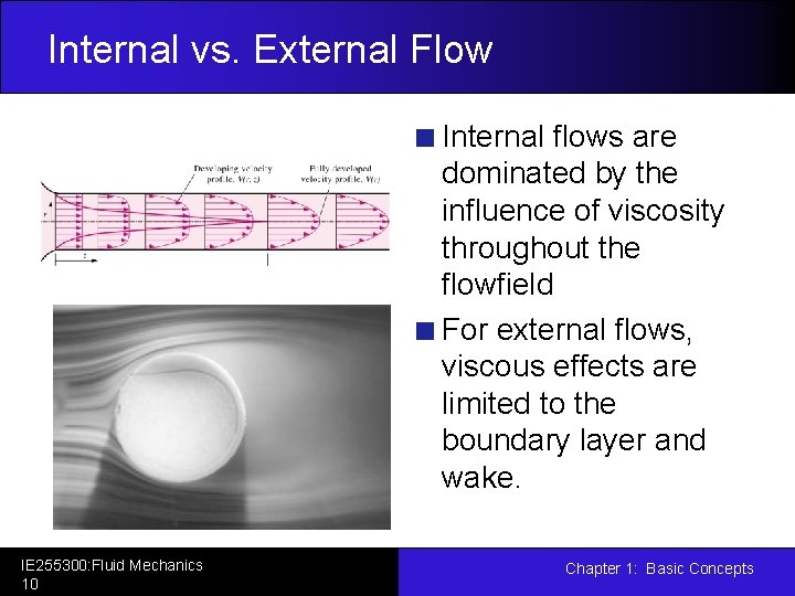 Internal vs. External Flow Internal flows are dominated by the influence of viscosity throughout