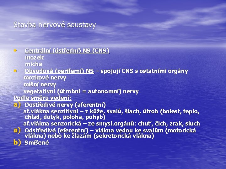 Stavba nervové soustavy • Centrální (ústřední) NS (CNS) mozek mícha • Obvodová (periferní) NS