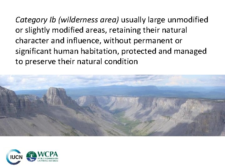 Category Ib (wilderness area) usually large unmodified or slightly modified areas, retaining their natural