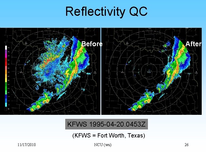 Reflectivity QC Before After KFWS 1995 -04 -20. 0453 Z (KFWS = Fort Worth,