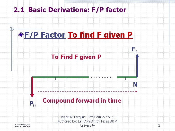 2. 1 Basic Derivations: F/P factor F/P Factor To find F given P To