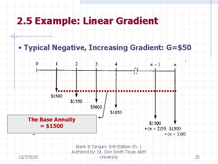 2. 5 Example: Linear Gradient • Typical Negative, Increasing Gradient: G=$50 The Base Annuity