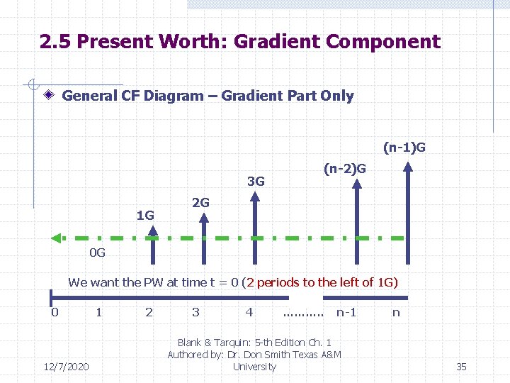 2. 5 Present Worth: Gradient Component General CF Diagram – Gradient Part Only (n-1)G