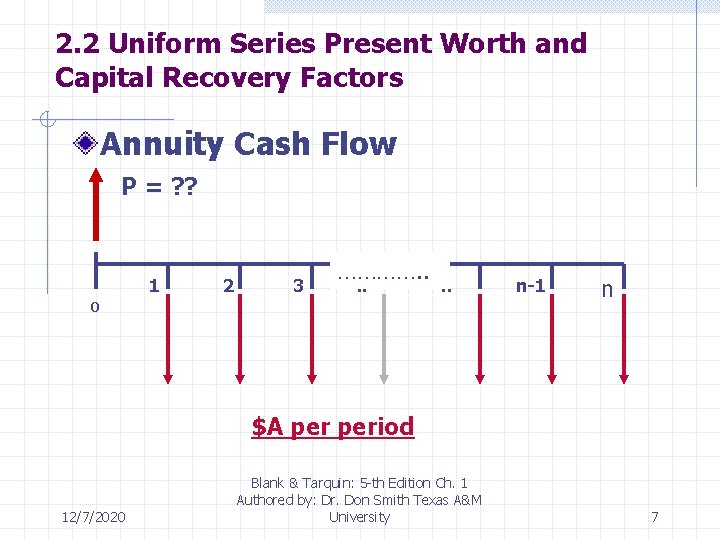 2. 2 Uniform Series Present Worth and Capital Recovery Factors Annuity Cash Flow P