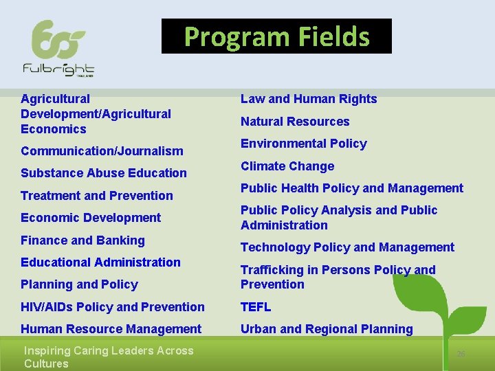 Program Fields Agricultural Development/Agricultural Economics Communication/Journalism Substance Abuse Education Treatment and Prevention Economic Development