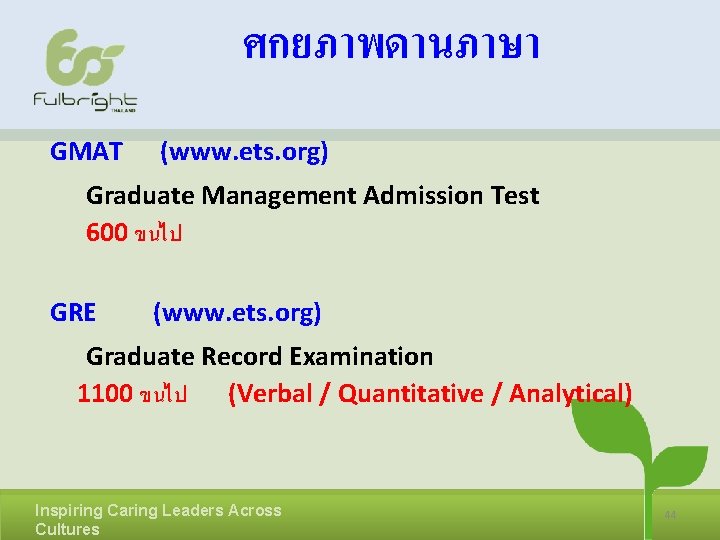 ศกยภาพดานภาษา GMAT (www. ets. org) Graduate Management Admission Test 600 ขนไป GRE (www. ets.