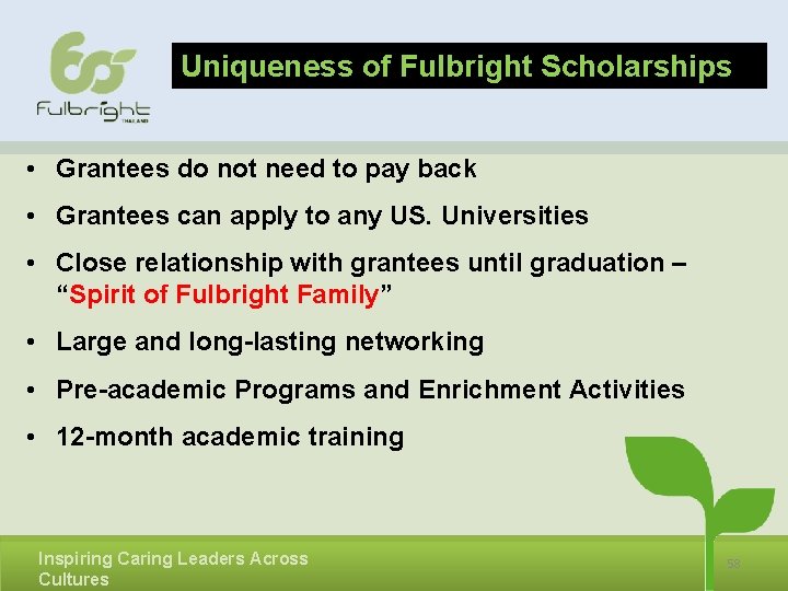 Uniqueness of Fulbright Scholarships • Grantees do not need to pay back • Grantees