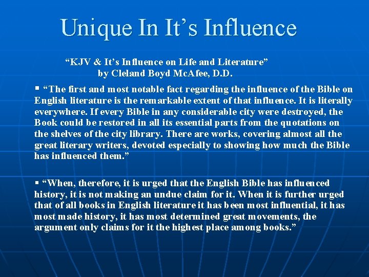 Unique In It’s Influence “KJV & It’s Influence on Life and Literature” by Cleland