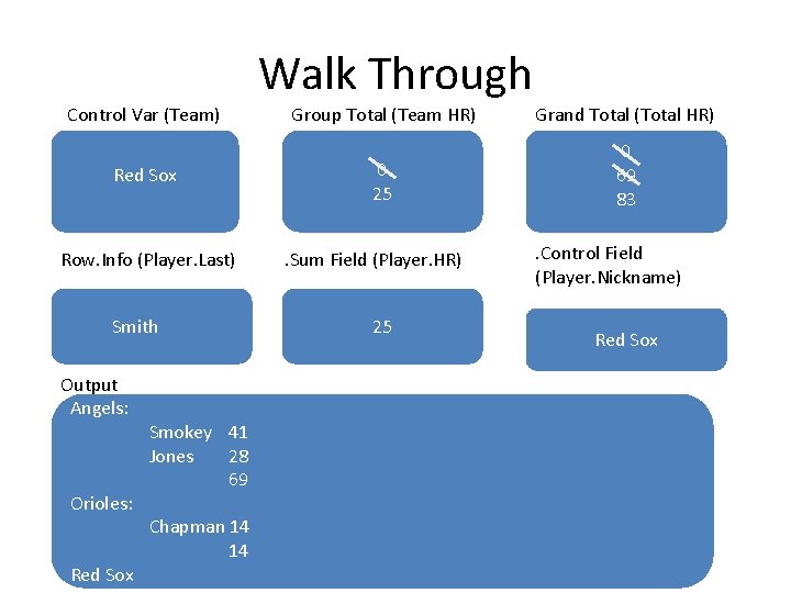 Walk Through Control Var (Team) Red Sox Row. Info (Player. Last) Smith Output Angels: