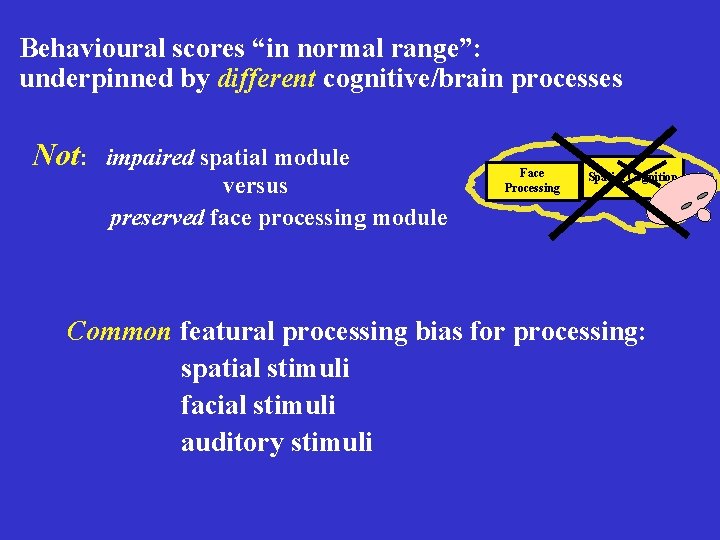Behavioural scores “in normal range”: underpinned by different cognitive/brain processes Not: impaired spatial module