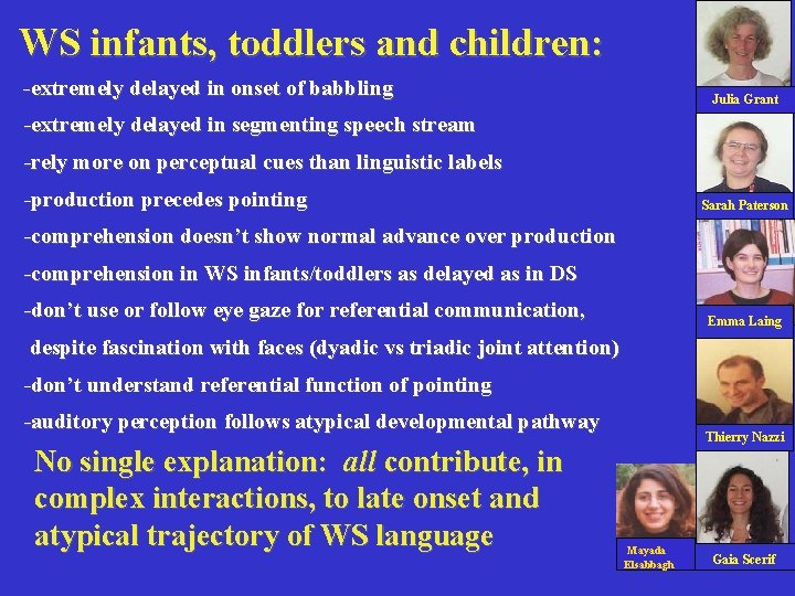 WS infants, toddlers and children: -extremely delayed in onset of babbling Julia Grant -extremely