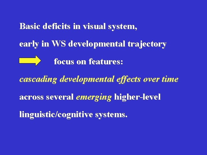 Basic deficits in visual system, early in WS developmental trajectory focus on features: cascading