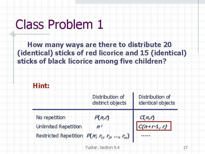 Class Problem 1 How many ways are there to distribute 20 (identical) sticks of