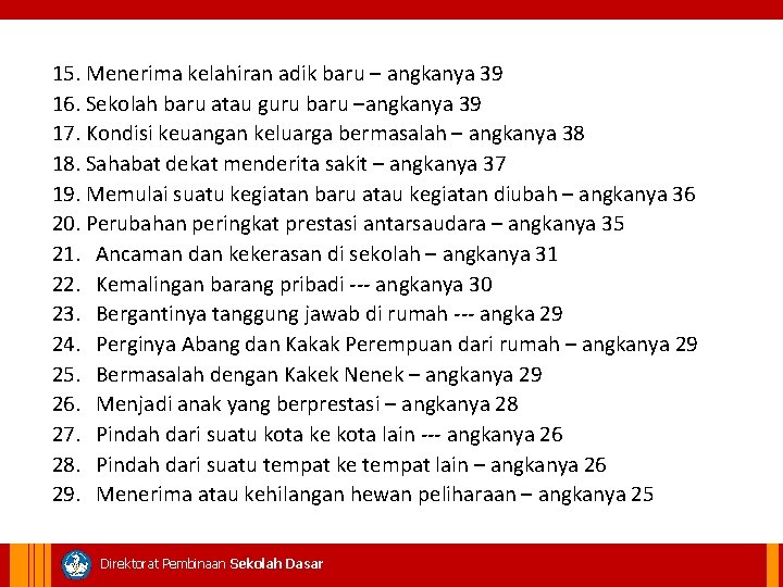 15. Menerima kelahiran adik baru – angkanya 39 16. Sekolah baru atau guru baru