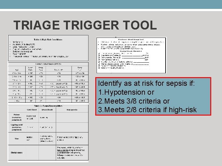 TRIAGE TRIGGER TOOL Identify as at risk for sepsis if: 1. Hypotension or 2.