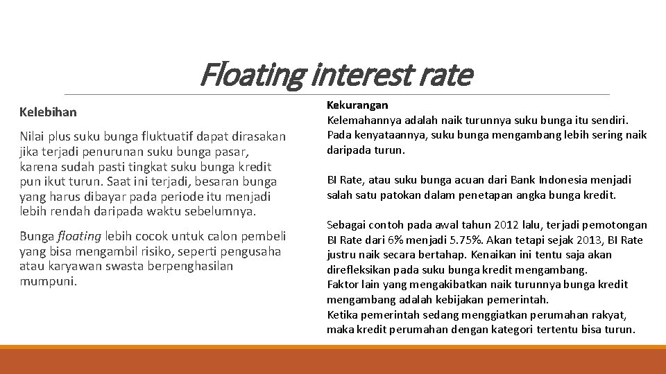 Floating interest rate Kelebihan Nilai plus suku bunga fluktuatif dapat dirasakan jika terjadi penurunan