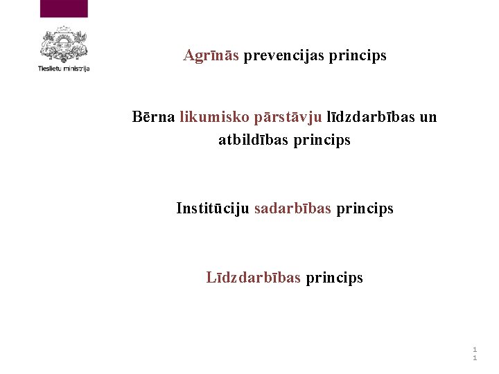 Agrīnās prevencijas princips Bērna likumisko pārstāvju līdzdarbības un atbildības princips Institūciju sadarbības princips Līdzdarbības