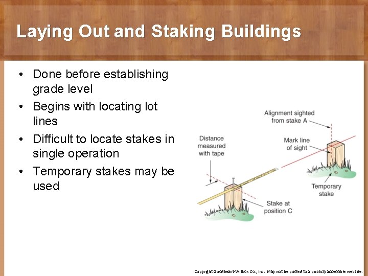 Laying Out and Staking Buildings • Done before establishing grade level • Begins with
