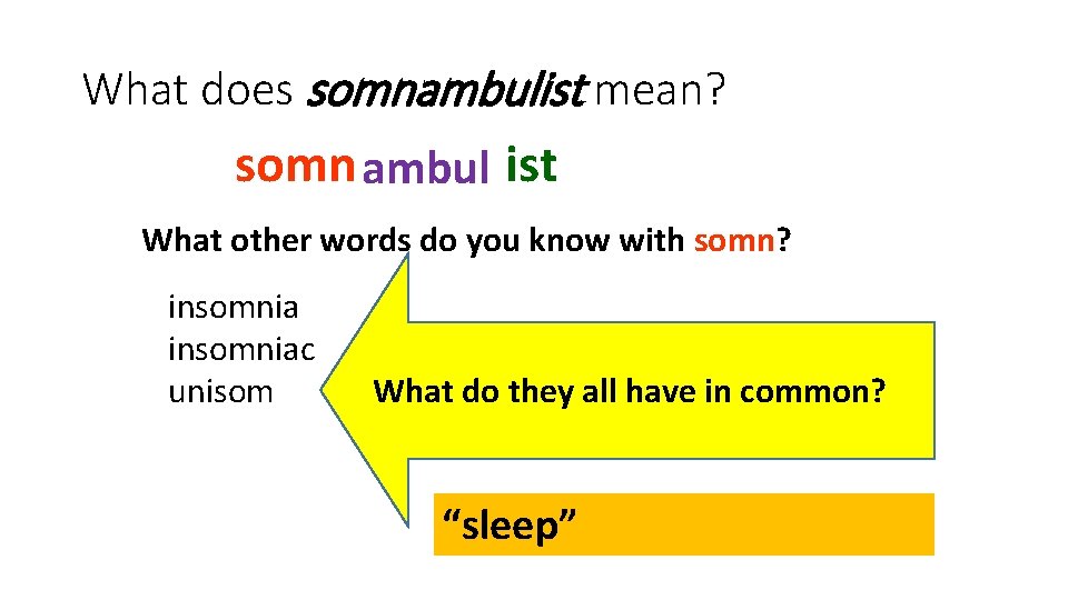 What does somnambulist mean? somn ambul ist What other words do you know with