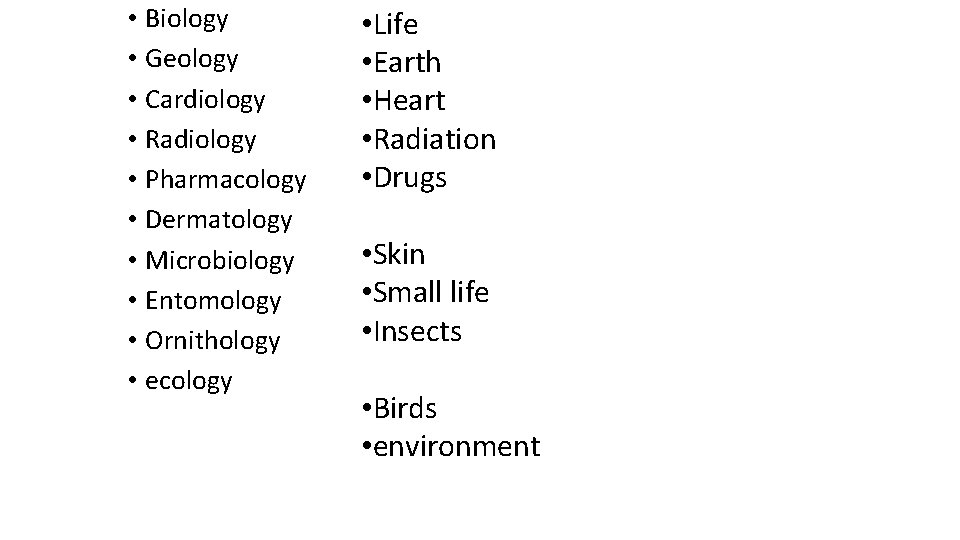  • Biology • Geology • Cardiology • Radiology • Pharmacology • Dermatology •