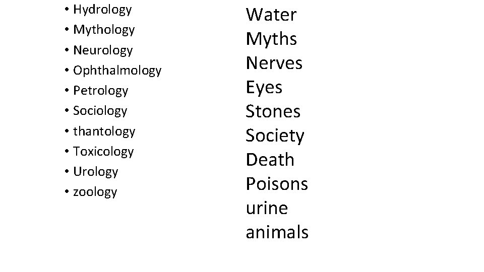 • Hydrology • Mythology • Neurology • Ophthalmology • Petrology • Sociology •