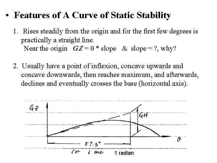 • Features of A Curve of Static Stability 1. Rises steadily from the