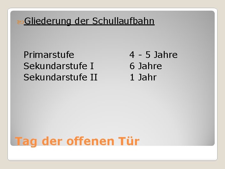  Gliederung der Schullaufbahn Primarstufe Sekundarstufe II 4 - 5 Jahre 6 Jahre 1