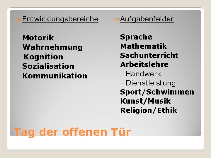  Entwicklungsbereiche Motorik Wahrnehmung Kognition Sozialisation Kommunikation Aufgabenfelder Sprache Mathematik Sachunterricht Arbeitslehre - Handwerk