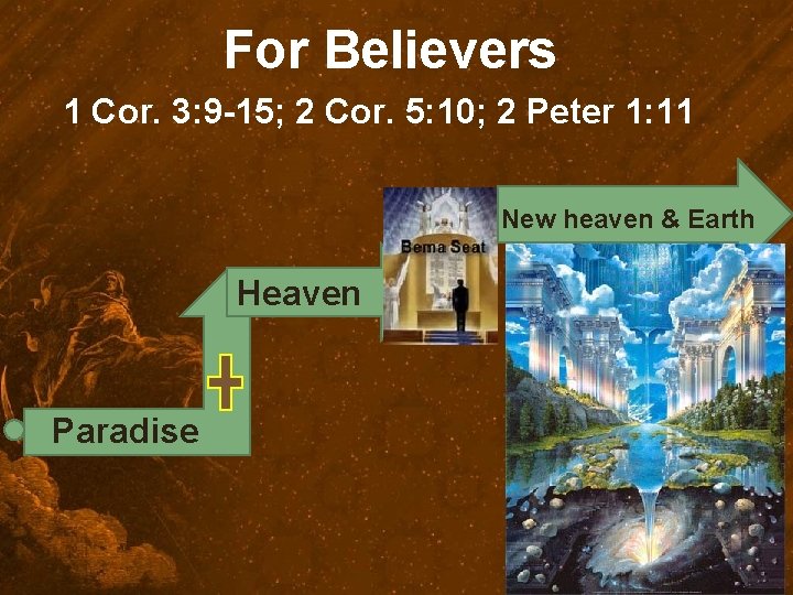 For Believers 1 Cor. 3: 9 -15; 2 Cor. 5: 10; 2 Peter 1:
