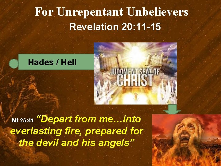 For Unrepentant Unbelievers Revelation 20: 11 -15 Hades / Hell “Depart from me…into everlasting