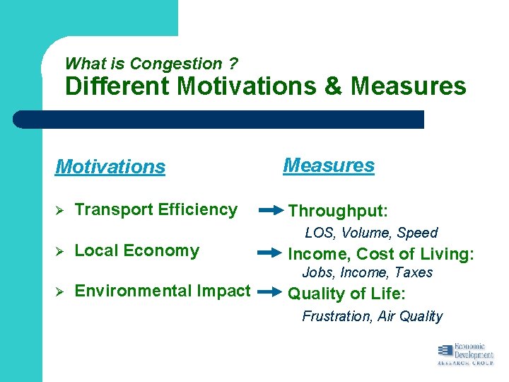 What is Congestion ? Different Motivations & Measures Motivations Ø Ø Transport Efficiency Local