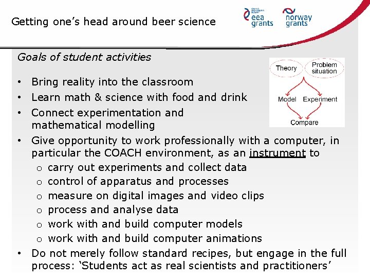 Getting one’s head around beer science Goals of student activities • Bring reality into