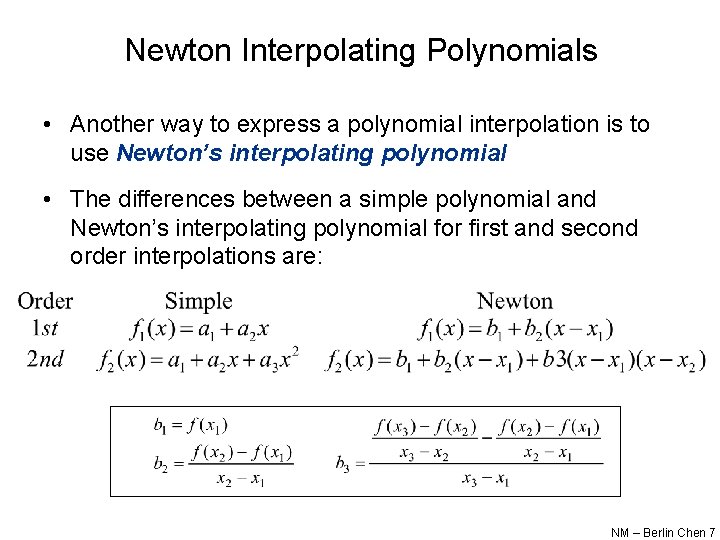 Newton Interpolating Polynomials • Another way to express a polynomial interpolation is to use