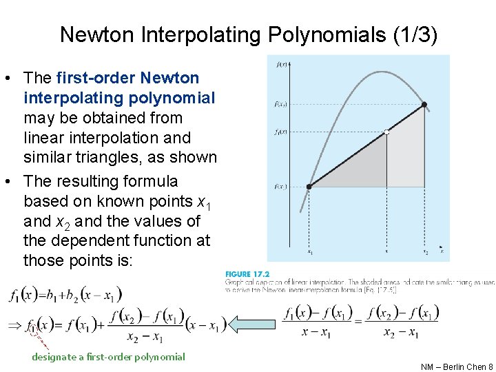 Newton Interpolating Polynomials (1/3) • The first-order Newton interpolating polynomial may be obtained from