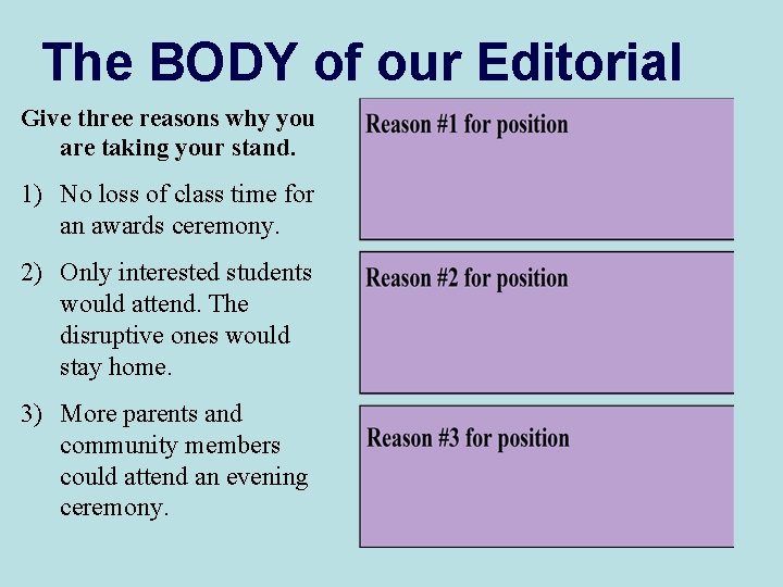 The BODY of our Editorial Give three reasons why you are taking your stand.