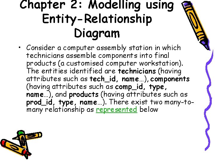Chapter 2: Modelling using Entity-Relationship Diagram • Consider a computer assembly station in which