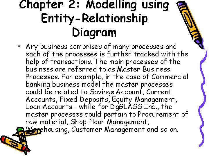 Chapter 2: Modelling using Entity-Relationship Diagram • Any business comprises of many processes and