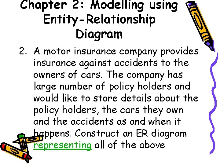 Chapter 2: Modelling using Entity-Relationship Diagram 2. A motor insurance company provides insurance against