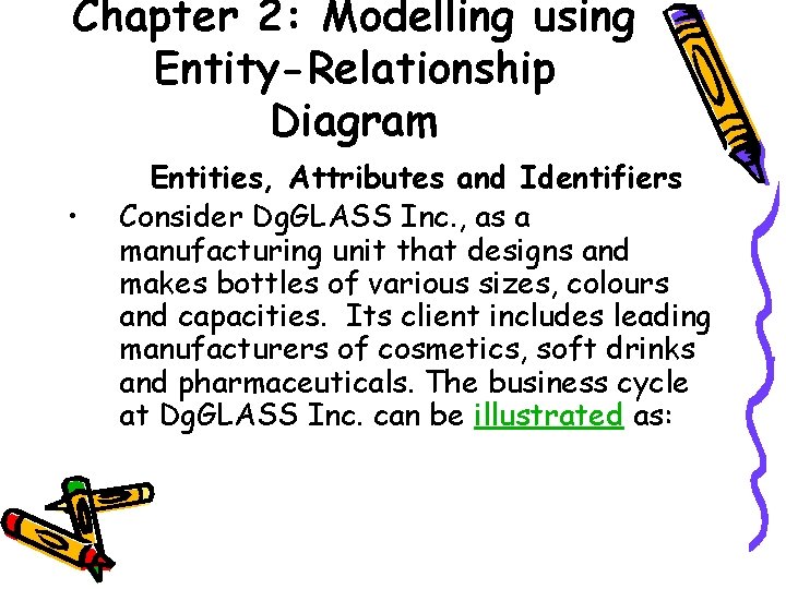Chapter 2: Modelling using Entity-Relationship Diagram • Entities, Attributes and Identifiers Consider Dg. GLASS